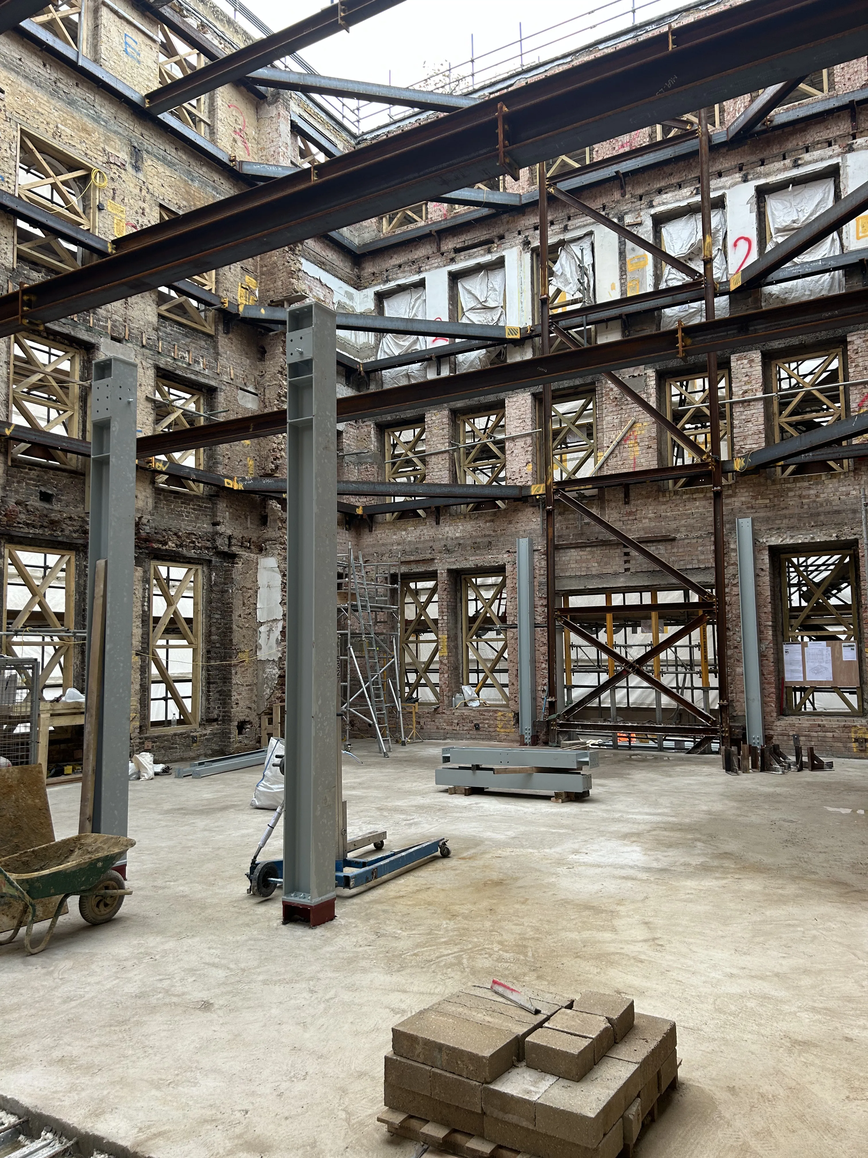 St Thomas' School structural steel installation within retained building fabric